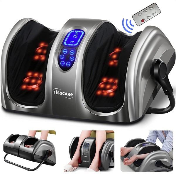 TISSCARE Foot Massager-Shiatsu Foot Massage Machine w/Heat & Remote 5-in-1 Reflexology System-Kneading, Rolling, Scraping for Calf-Leg-Ankle Plantar Fasciitis, Blood Circulation, Pain Relief