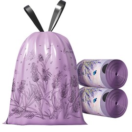 2.6 Gallon Small Trash Bags Tearing-Free Drawstring for Bathroom Office Home Bedroom Trash Can with Purple Lavender Printed Garbage Basket Bags (2.6 Gallon Purple, 100 Count)