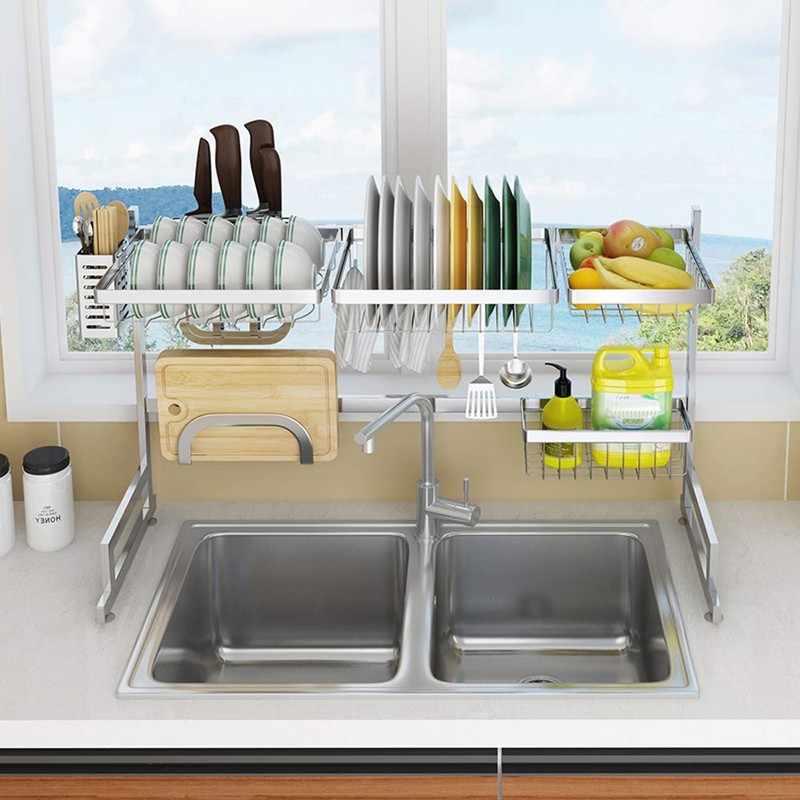Stainless Steel Dish Drying Rack Over Kitchen Sink, Dishes and