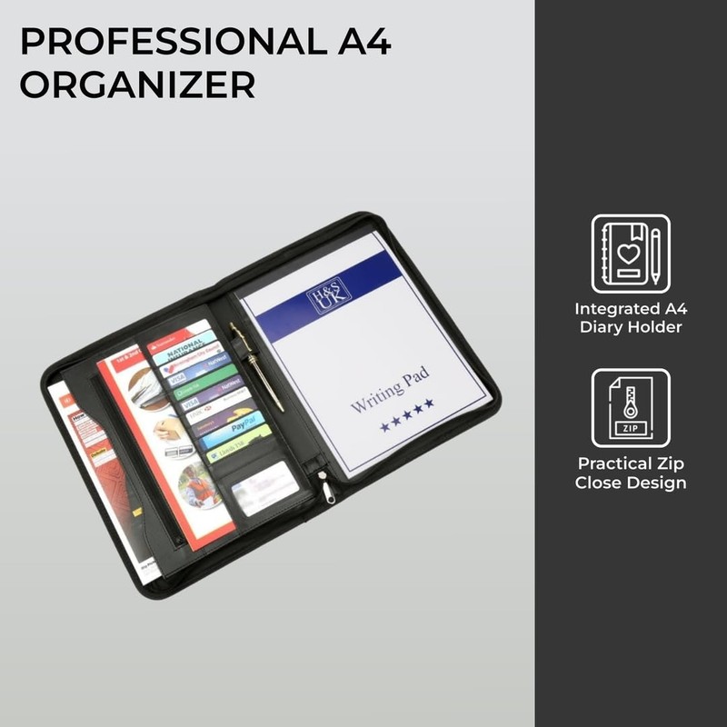 H&S A4 Zipped Conference Folder Business Faux Leather Document Case