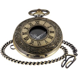Realpoo Brown Hollow Men's Pocket Watch, Roman Digital Scale Men's Quartz Pocket Watches, Quartz Pocket Watch with Chain for Men-Brown