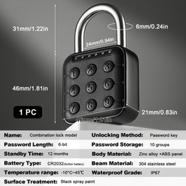 6 Digit Combination Padlock Gym Locker Lock Black IP55 Waterproof Electronic Password Lock with Stainless Steel Shackle and Multi-User Code Function for Gym School Garage Travel Outdoor Use