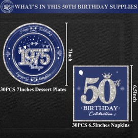 algpty 60 PCS Vintage 50th Birthday Plates and Napkins Set, 50th Birthday Decorations Blue and Silver, Service for 30, 1975 Birthday Dessert Plates and Napkins Party Supplies for Men Women