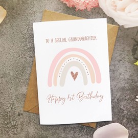MAGJUCHE Rainbow First Birthday Card For Granddaughter, Rose Gold Boho Girl 1st Birthday Card From Grandpa Grandma