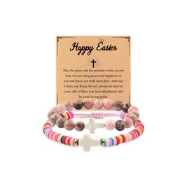 GVUSMIL Cross Bracelet Baptism Gifts Easter Basket Stuffers First Communion Adjustable Clay and Stone Christ Holy Water Bracelet Faith Jewelry for Daughter Granddaughter Niece (Happy Easter)