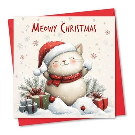 Christmas Card. Snow Cat Design. Eco-friendly & UK Made. Blank Inside. 148x148mm card size.