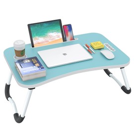BUYIFY Folding Lap Desk, 23 Inch Portable Wood Blue Laptop Bed Desk Lap Desk with Cup Holder, for Working Reading Writing, Eating, Watching Movies for Bed Sofa Couch Floor
