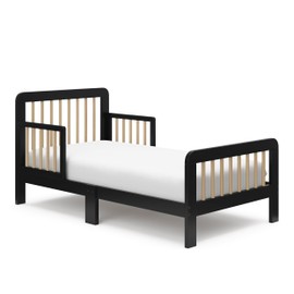 Storkcraft Pasadena Toddler Bed (Black with Driftwood) - GREENGUARD Gold Certified, Fits Standard Full-Size Crib & Toddler Mattress, Toddler Safety Guardrails Included, Complete Design with Footboard
