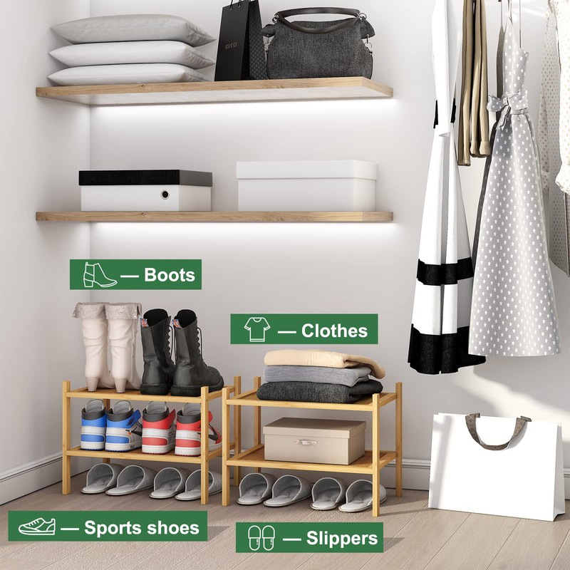 kiplant Small Shoe Rack, 2-Tier Bamboo Wood Shoe Rack for