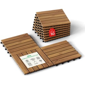 Idzo Interlocking Deck Tiles 9.6 SQFT - 10PCS Waterproof Acacia Wood Tiles, Flooring Tiles for Indoor and Outdoor - Decking Stripe Pattern, 11.81 x 11.81 x 0.91 Inches, Golden
