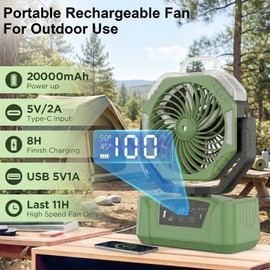 Rechargeable Misting Camping Fan, 25000mAh Battery Powered Portable Mist Fan with [Water Tank] LED Light, Hanging Hook, 4 Speeds, Quiet Cooling Fan for Tent, RV, Patio, Beach, Outdoor Travel-Green