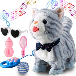 Marsjoy Gray Leash Walking Cat Set Interactive Talking Cat Singing Dancing Kitten Mimicking Repeat What You Say Kitty Touch and Voice Control Nodding Wagging Tail Plush Electric Kitty for Kid Gril