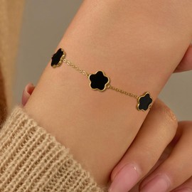 XAYAH Dainty Flower Lucky Leaf Bracelet Black Agate for Women 925 Sterling Silver 14K Gold Plated Bracelets to Daughter Mother Sister Leaf Lucky Bracelets Mother's Day Birthday Wedding Jewelry (Gold)