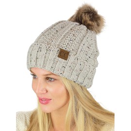 C.C Thick Cable Knit Faux Fuzzy Fur Pom Fleece Lined Skull Cap Cuff Beanie, Confetti Oatmeal