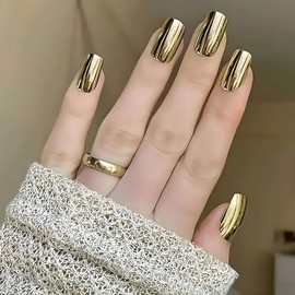 BFY Short Press on Nails Square, Gold Chrome Fake Nails, Mirror Metal Acrylic Nails Set Stick Glue on Nails, Shiny Glossy False Nails Elegant Women Girls Nail Accessories Decorations 24 Pcs