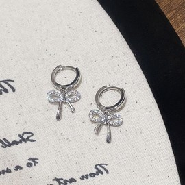 Full-drilled micro-inlay Bow Dangle Hoop Earrings for Women Bowknot Hoop Earrings (Silvery, One size)