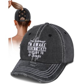 Flafens Women Pony Hats High Ponytail Baseball Caps - Cotton Vintage Washed Distressed Retro Sports Graphic Cute Fashion Summer Adjustable Criss Cross Trucker Hat for Ladies Girls, Awake Text