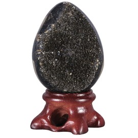 KYEYGWO 40-58 mm Black Crystal Egg with Display Stand, Natural Septarian Dragon Stone Crystal Geode Cluster Gemstone Eggs Figurine Collectibles for Home Table Decor