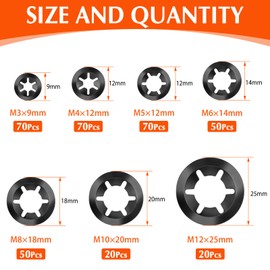 Jeboler Pack of 350 Locking Washers, M3-M12 Clamping Discs Starlock Washers, Inner Tooth Quick Release Clamping Ring Lock Ring Set 65 Manganese Steel Locking Washer Assortment Kit - Black