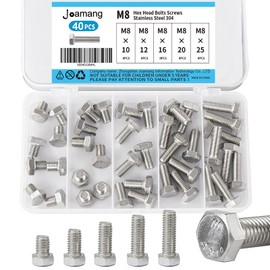 Joamang M8 x 10mm 12mm 16mm 20mm 25mm Hex Bolts, Hexagon Head Screws, 304 Stainless Steel(A2-70), Metric Fully Thread, Bright Finish, Assortment Kit 40PCS