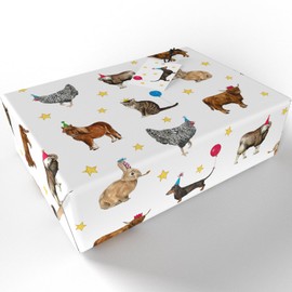 Luxury ECO Gift Wrap - 3 sheets/tags - Domestic Party Animals White - Birthday - Recycled & Recyclable Wrapping Paper - Re-wrapped