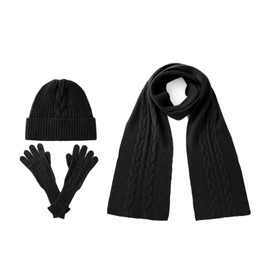 Villand Women's 3 Piece 100% Pure Cashmere Scarf Hat & Gloves Set, Cable Knitted Winter Set with Gift Box (Black)
