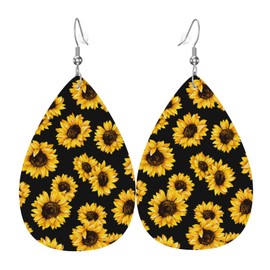 Vintage Sunflower Earrings For Women Faux Leather Jewelry Dangle Teardrop Earrings