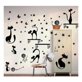 Black Cats Wall Stickers Decal, Cartoon Kitten Butterfly Wall Art Home Decor Wallpaper for Living Room Bedroom Playroom Nursery Kids Room Home Decoration