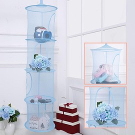 Cuddly Toy Storage, 4 Levels Foldable Hanging Storage Organiser, Hanging Shelf Mesh Hanging Net, Hanging Storage Basket Children, Cuddly Toys Hanging Shelf for Small Clothes (Blue)