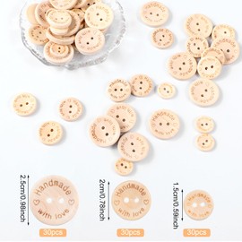 90pcs Buttons for Baby Cardigans, 3 Sizes Natural Wooden Buttons, Handmade Button for Sewing with Love Button for Kids DIY Sewing Craft Decorations(10mm,20mm,25mm)
