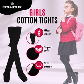Bonjour - Girls (3 Pack) Multibuy Cotton Rich Plain Tights For School Every Day Wear Breathable Thick Warm Smart Casual Tights
