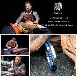 Casisto.J Men's Leather Bracelet Braided Beads Stainless Steel Black Blue with Magnetic Clasp Gift Pack, Stainless Steel