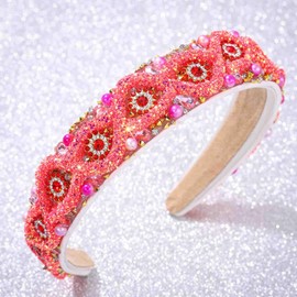 Fstrend Rhinestone Princess Headband Sparkly Crystal Party Headwear Queen Costume Hair Accessories Decoration for Women and Girls (Rose red)