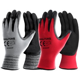 Haltons Latex & Polyester Work Gloves Men (12 Pack Medium), Durable Gardening Gloves for Women, Snug Fit & Non Slip, Ideal for DIY, Builder & Mechanic Work (Red/Grey)
