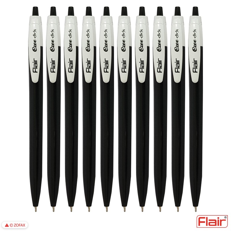 FLAIR 10 x 0.7mm Ezee Click BLACK Ballpoint Retractable Pens