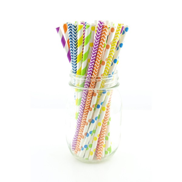 Rainbow Party Straws, Wedding Candy Buffet Straws, Fancy Drinking Straws, Kids Party Paper Straws, 75 Pack - Rainbow Color Multi Design Straws