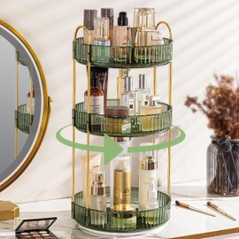 Bingobang Makeup Organiser 360 Rotating, Spinning 3 Tiers Skincare Cosmetic Organizer Acrylic Large, Tidy Storage Shelf for Perfume, Jewelery, Brush, Vanity Desk, Dresser, Bedroom, Bathroom (Green)