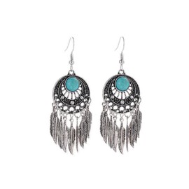 Feather Earrings for Women, Boho Turquoise Feather Tassel Earrings for Womens, Crescent Moon Dangle Earrings Hypoallergenic, Leaf Bohemian Drop Earrings, Sterling Silver, No Gemstone