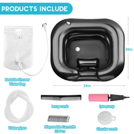 Inflatable Shampoo Basin, Loc Detox Tub for Dreads, Shampoo Buddy Bowl for Bedridden, Disabled,Injured with 2.5 GL Portable Water Shower Bag（Black）