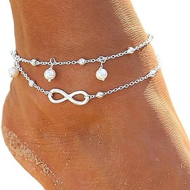 Aczyqws Double Anklet Silver Pearl Ankle Bracelet Beads Chain Forever Foot Jewelry for Women and Girls
