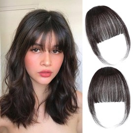 WZNBBOY Clip in Bangs 100% Human Hair Extensions Air Thinning Curtain Flat Fake Bangs Fringe with Temples Hairpieces Natural Curved Wispy Air Bangs Clip on Bangs for Everyday Wear (Brown Black)