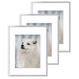 Heimlove 11x14 Inch Metal Picture Frame, Silver Aluminum Photo Frames, 8x10 with Mat or 11x14 Without Mat, for Table Top Display and Wall Mounting, Wall Hook Hanging Hardware Included - Set of 3