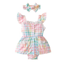 Infant Baby Girl Bodysuit Newborn Ruffle Short Sleeve Romper Outfit with Headband One-piece Sleeveless Jumpsuit Clothes (Plaid-Colorful, 12-18 Months)