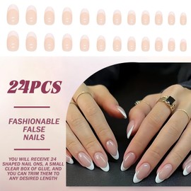 24PCS Deep White French Tip Press-On Almond Nails With Nail Glue - 12 Sizes Full Cover False Nail Extensions For Women - Reusable Eco-Friendly ABS Lasts 1-3 Weeks - Quick 5-Minute DIY Manicure