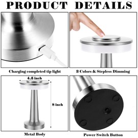 VIHOSE Set of 8 LED Portable Cordless Table Lamp with Touch Sensor 3 Color Stepless Dimming Rechargeable Battery up to 15 Hours Cordless Lamp Table Light Wireless Lamp for Kids Nursery (Silver)