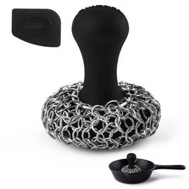 Cuisinel Cast Iron Chainmail Scrubber + Pan Scraper - Ergonomic Design Stainless/Silicone Cleaner for Pots & Skillets - Easy to Clean, Dishwasher Safe, Cookware Sponge Accessory