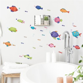 SMAOSTORE Wall Stickers Cartoon Cute Fish Sea Fish Sea Foam Sea Life Stylish Underwater World Deep Sea Fish Kids Room Bedroom Bathroom Kindergarten Bedroom Background Wall Sticker Waterproof Removable