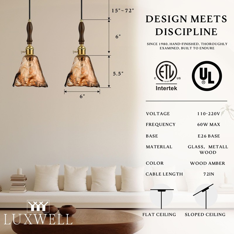 LUXWELL Modern Amber Glass Pendant Light, 6"x11.5" Floral Bell-Shaped Hanging