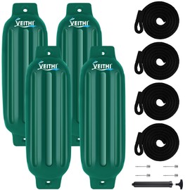 VEITHI Large Boat Fenders 4Pack 8.5 x 27,Ribbed Twin Eyes Vinyl Boat Bumpers Fenders,Boat Bumpers for Docking Come with Ropes Needles and Pump to Inflate,Pontoon Boat Fenders for Docking Forest Green