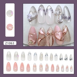 24Pcs Spring Summer Press on Nails Medium Almond Fake Nails Heart Ribbon Bow Flowers with 3D Rhinestones Designs Full Cover Glitter Glue on Nails Cats Eye False Nails for Women Girls Acrylic Nails